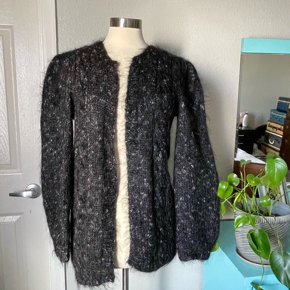 Handknit in Ireland Open Front Wool Mohair Blend Black Women's Cardigan - Picture 2 of 10